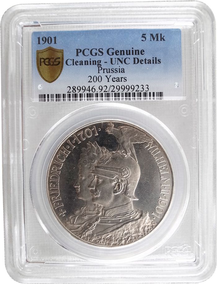PCGS ドイツ5マルク銀貨 1901 Cleaning UNC Details